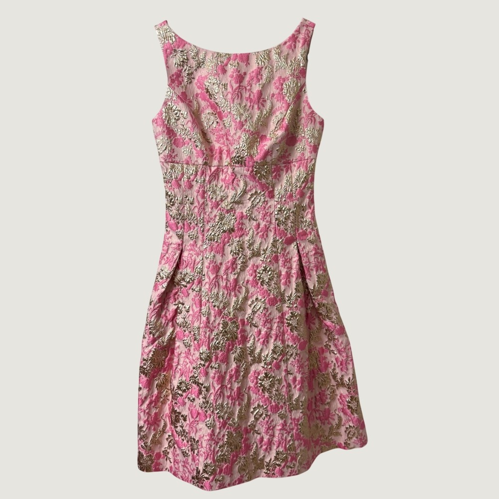 Kay Unger Floral Brocade Cocktail Dress Pink Gold Metallic Sz 2 Regency Romantic